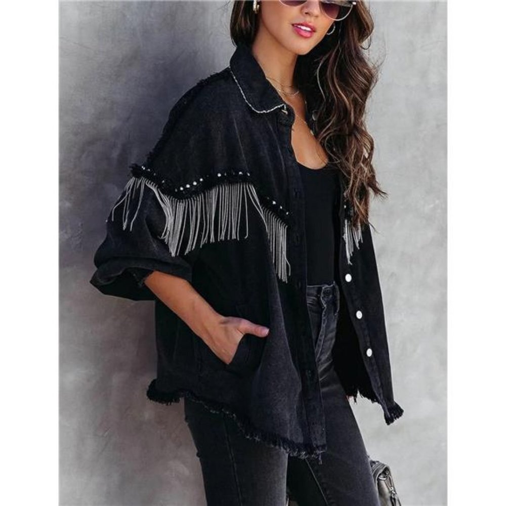 Black Denim Jacket Fringe Distressed Tassel Studded Jean Jacket Shacket Top - Picture 2 of 8